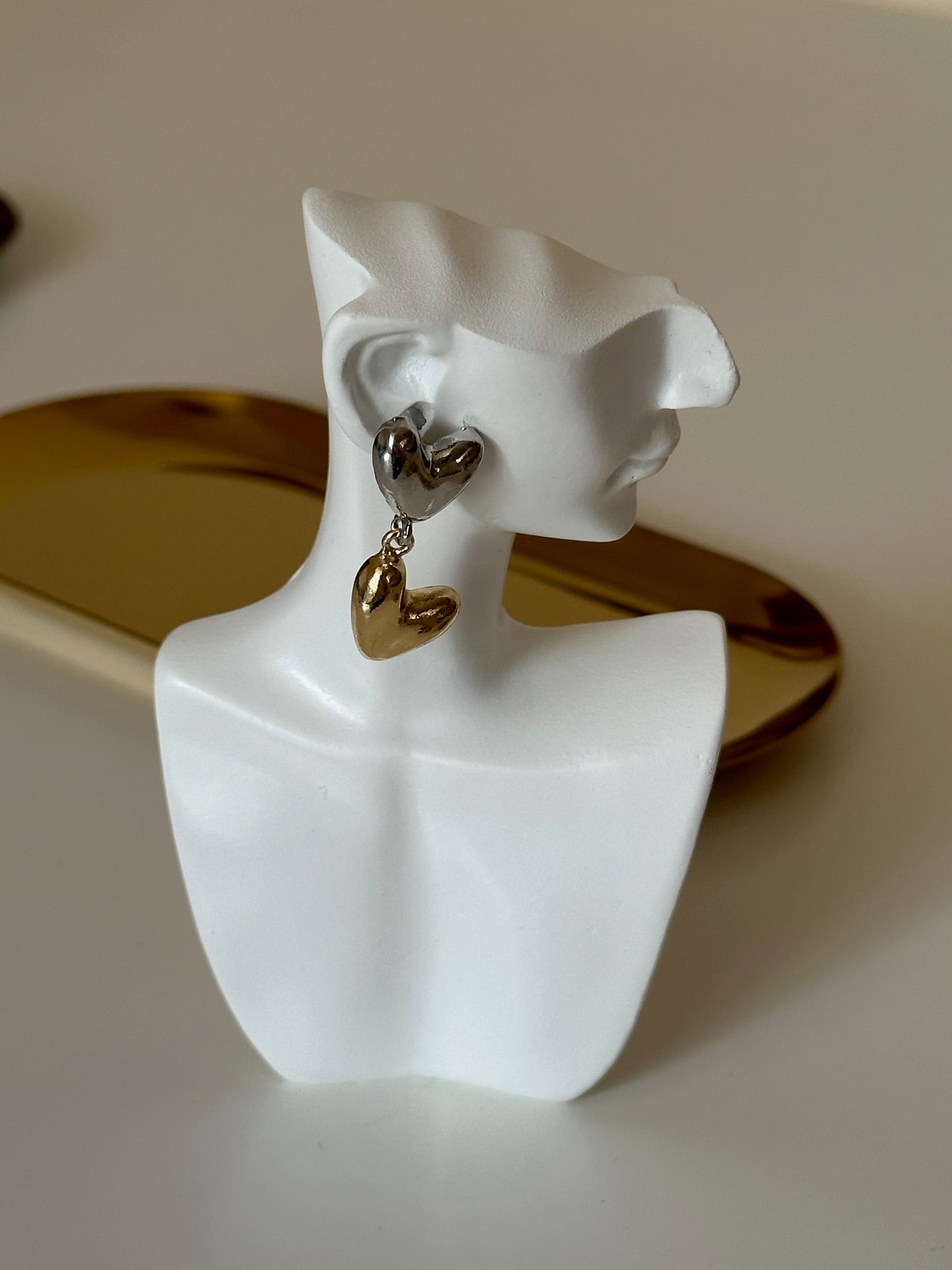 Two Tone Silver & Gold Heart Dangle Drop Earrings