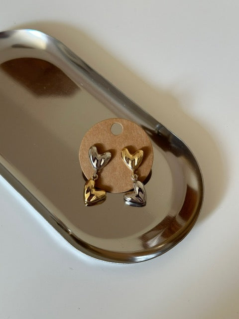 Two Tone Silver & Gold Heart Dangle Drop Earrings