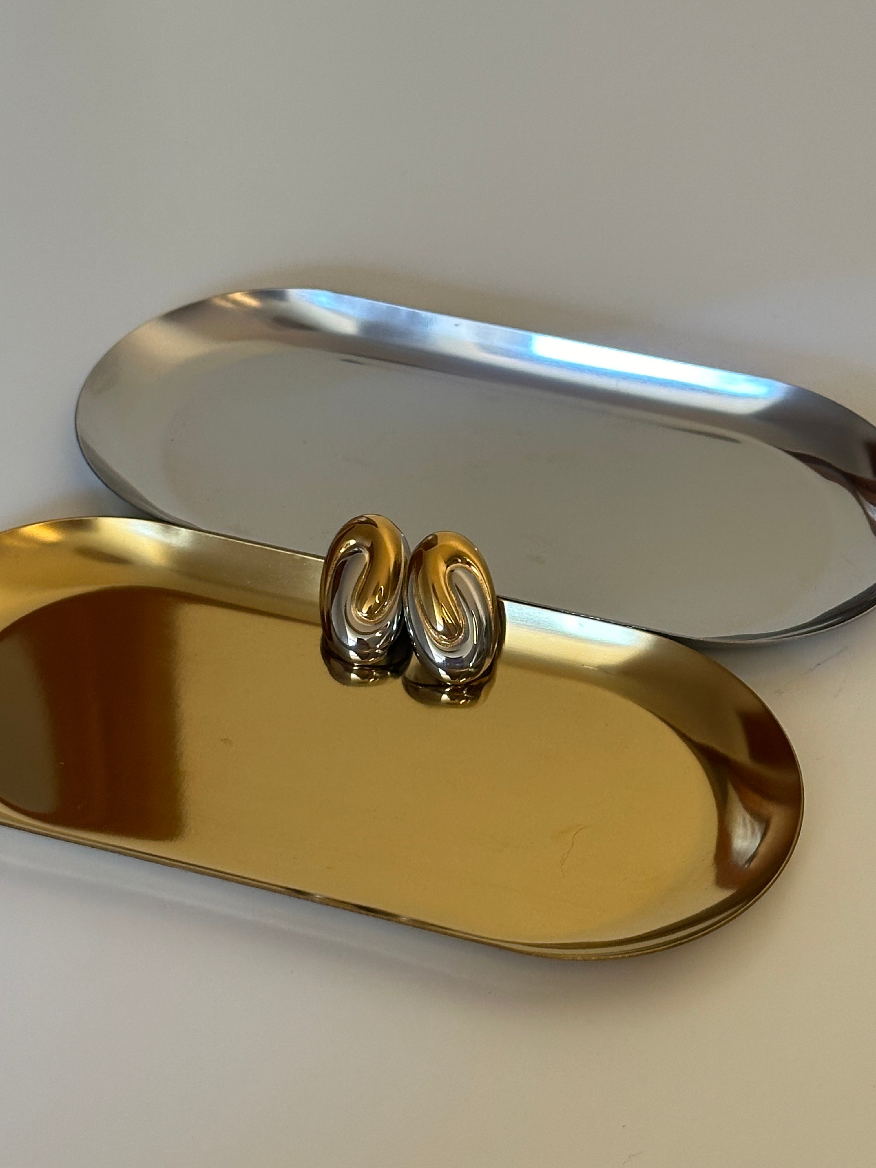 Two Tone Silver & Gold Plated Swirl Oval Stud Earrings