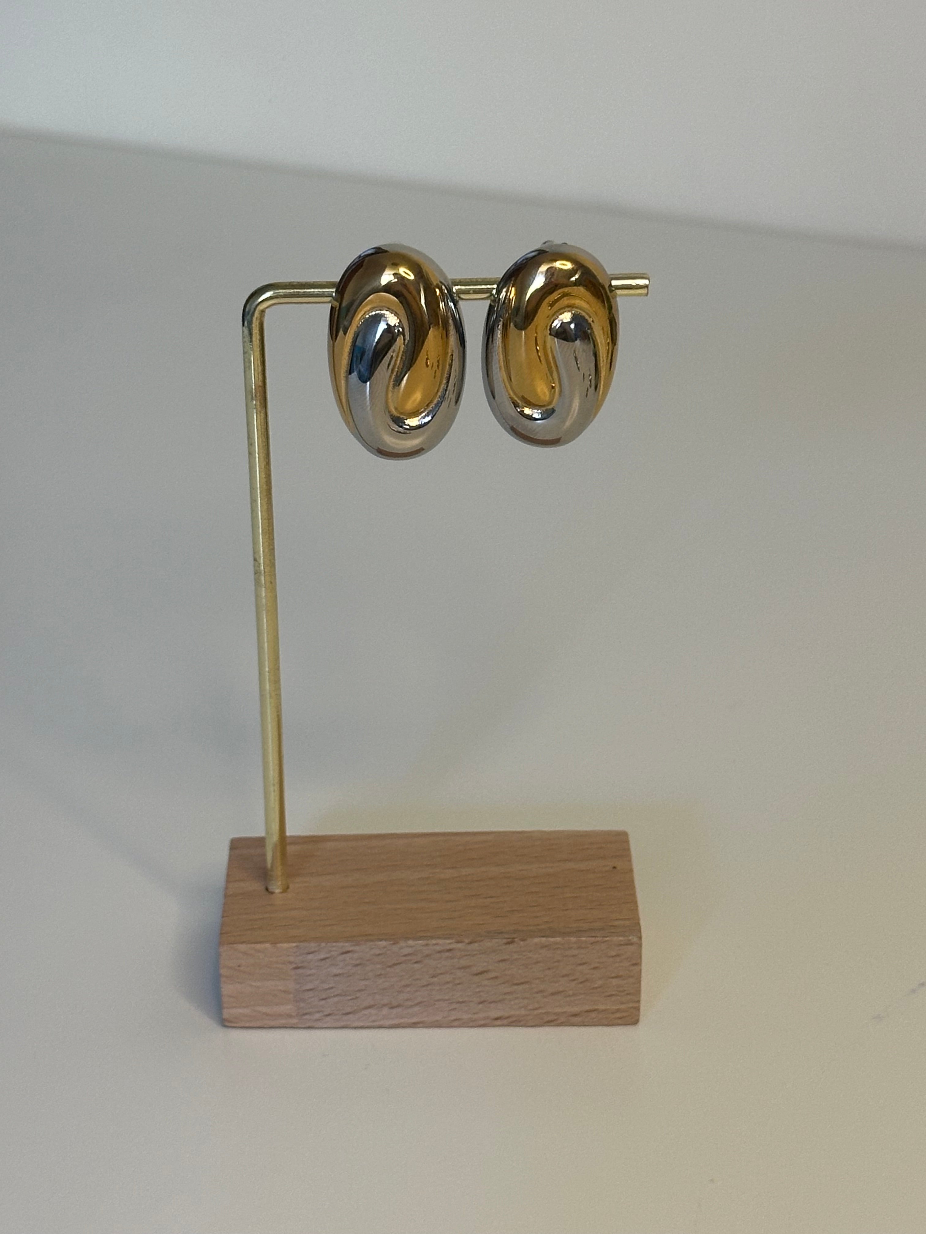 Two Tone Silver & Gold Plated Swirl Oval Stud Earrings