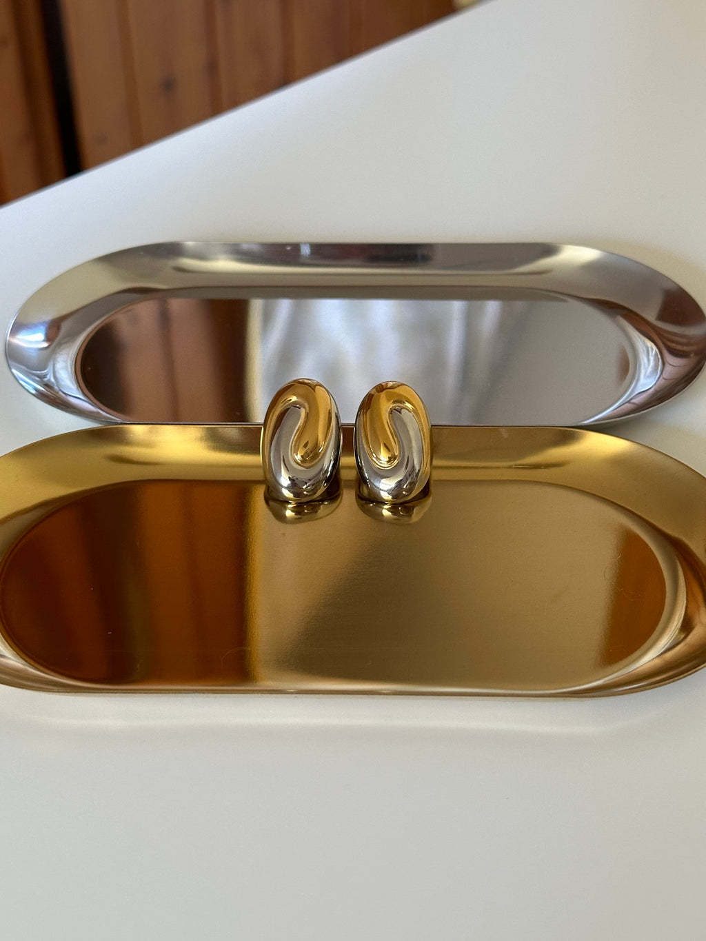 Two Tone Silver & Gold Plated Swirl Oval Stud Earrings