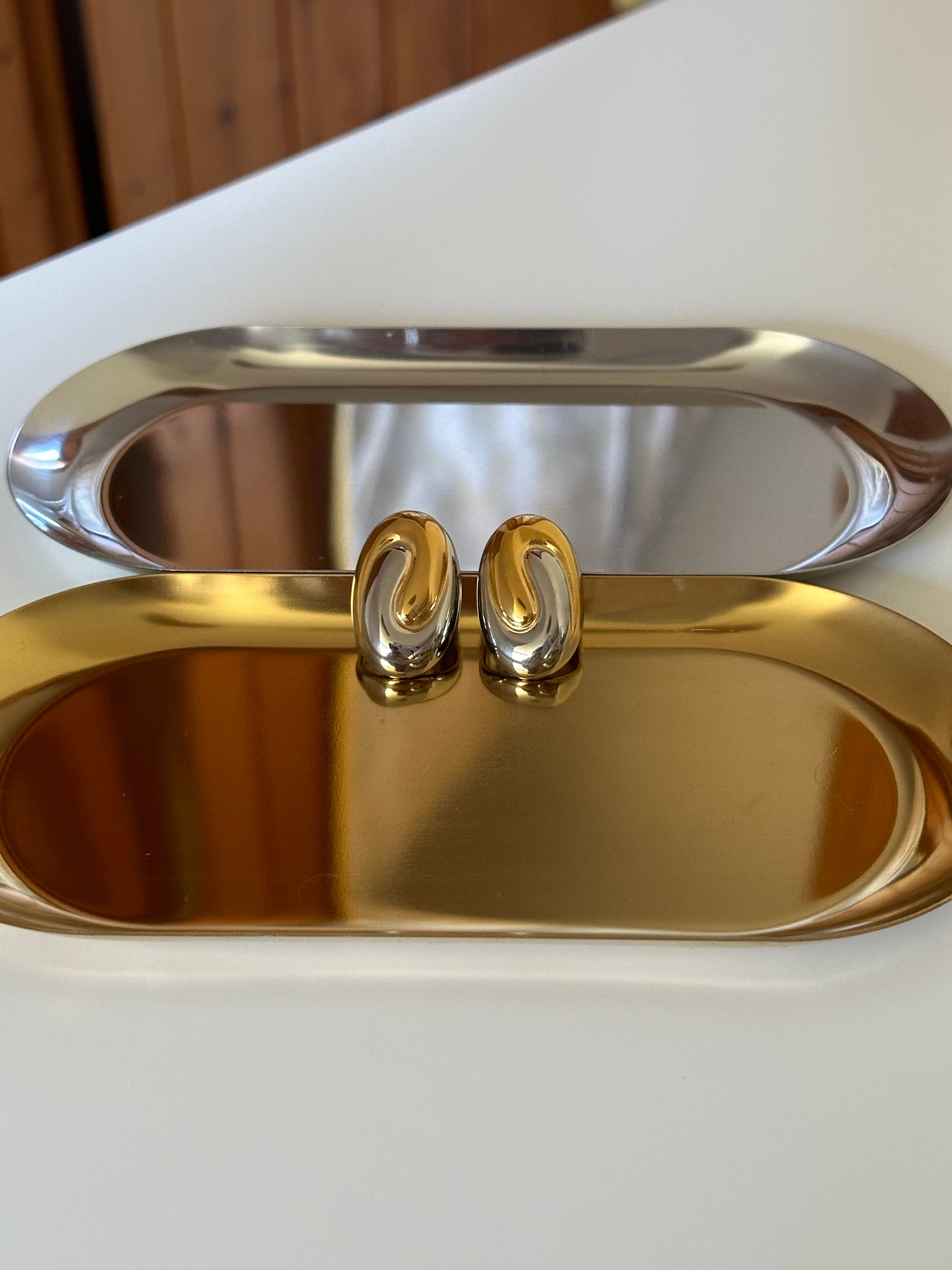 Two Tone Silver & Gold Plated Swirl Oval Stud Earrings