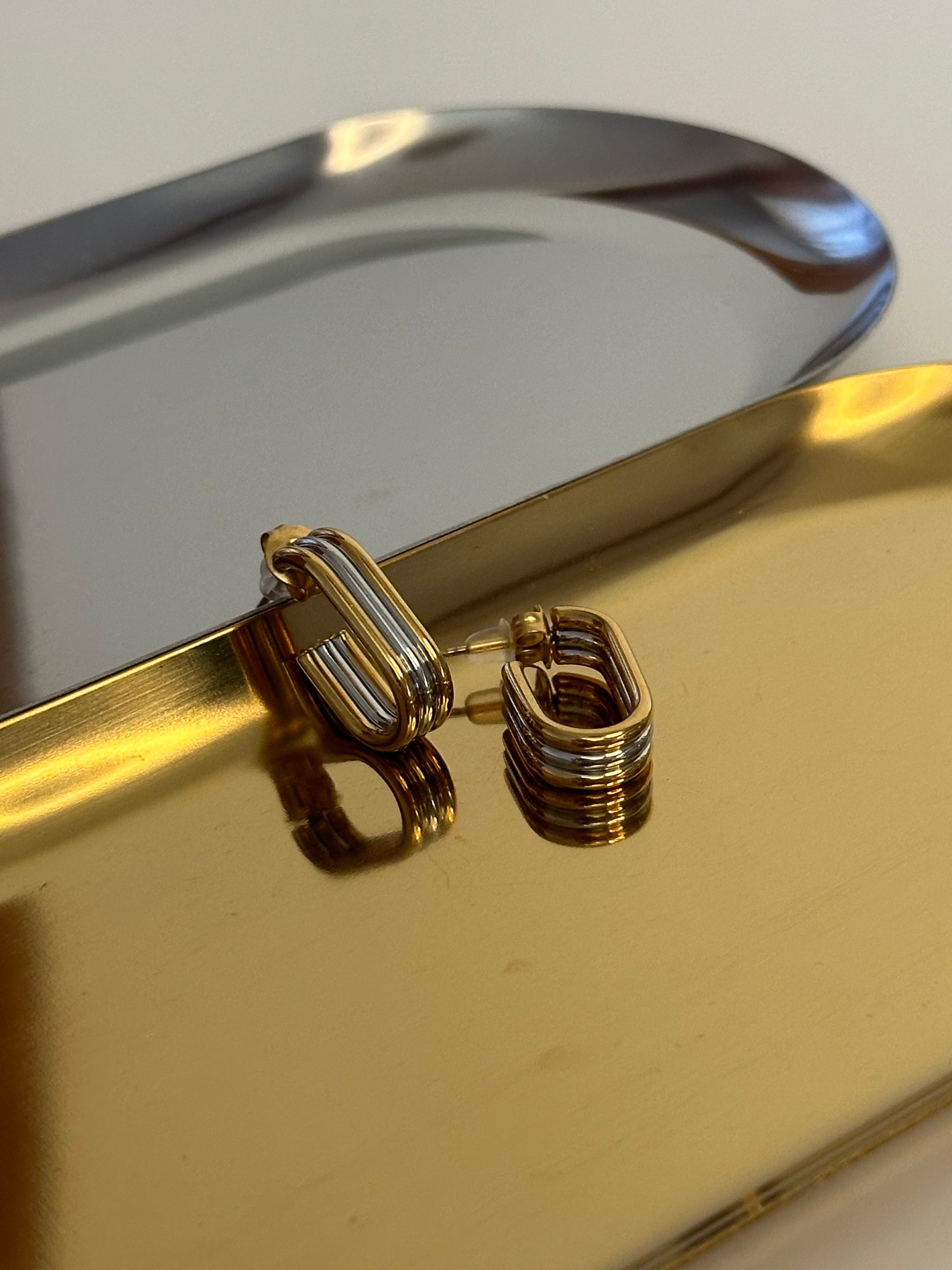 Triple Layer Stacked Two Tone Silver & Gold Dangle Minimalist Earrings