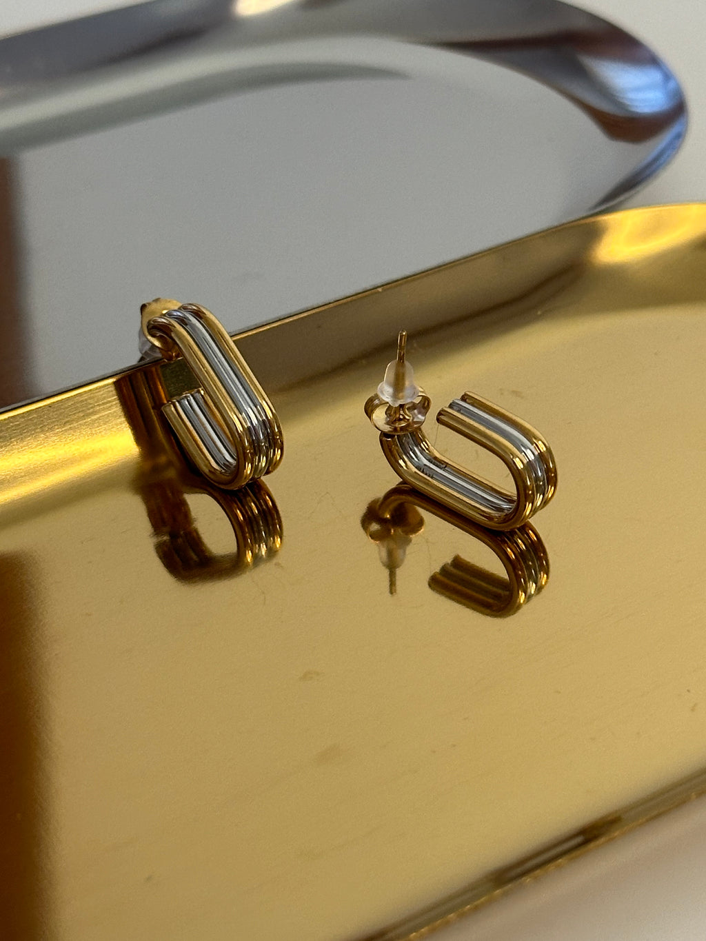 Triple Layer Stacked Two Tone Silver & Gold Dangle Minimalist Earrings