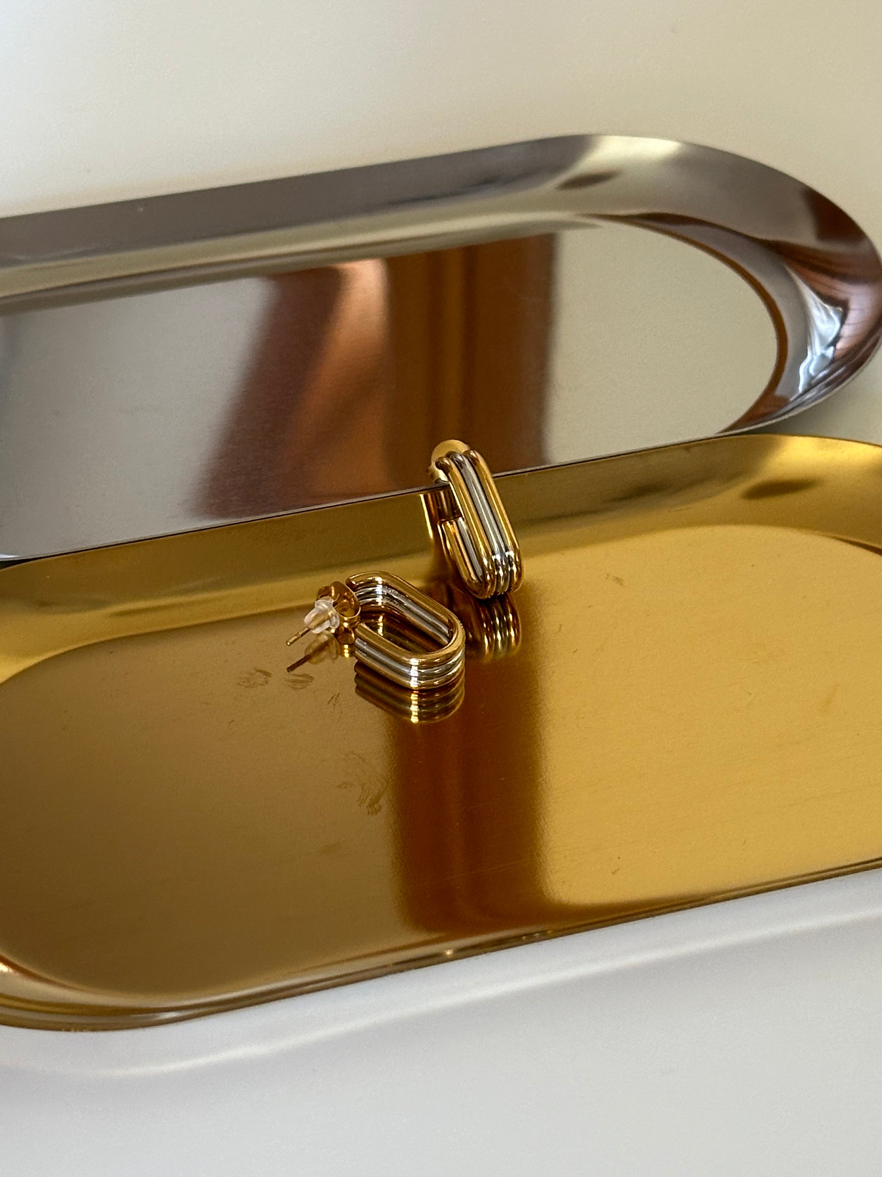 Triple Layer Stacked Two Tone Silver & Gold Dangle Minimalist Earrings