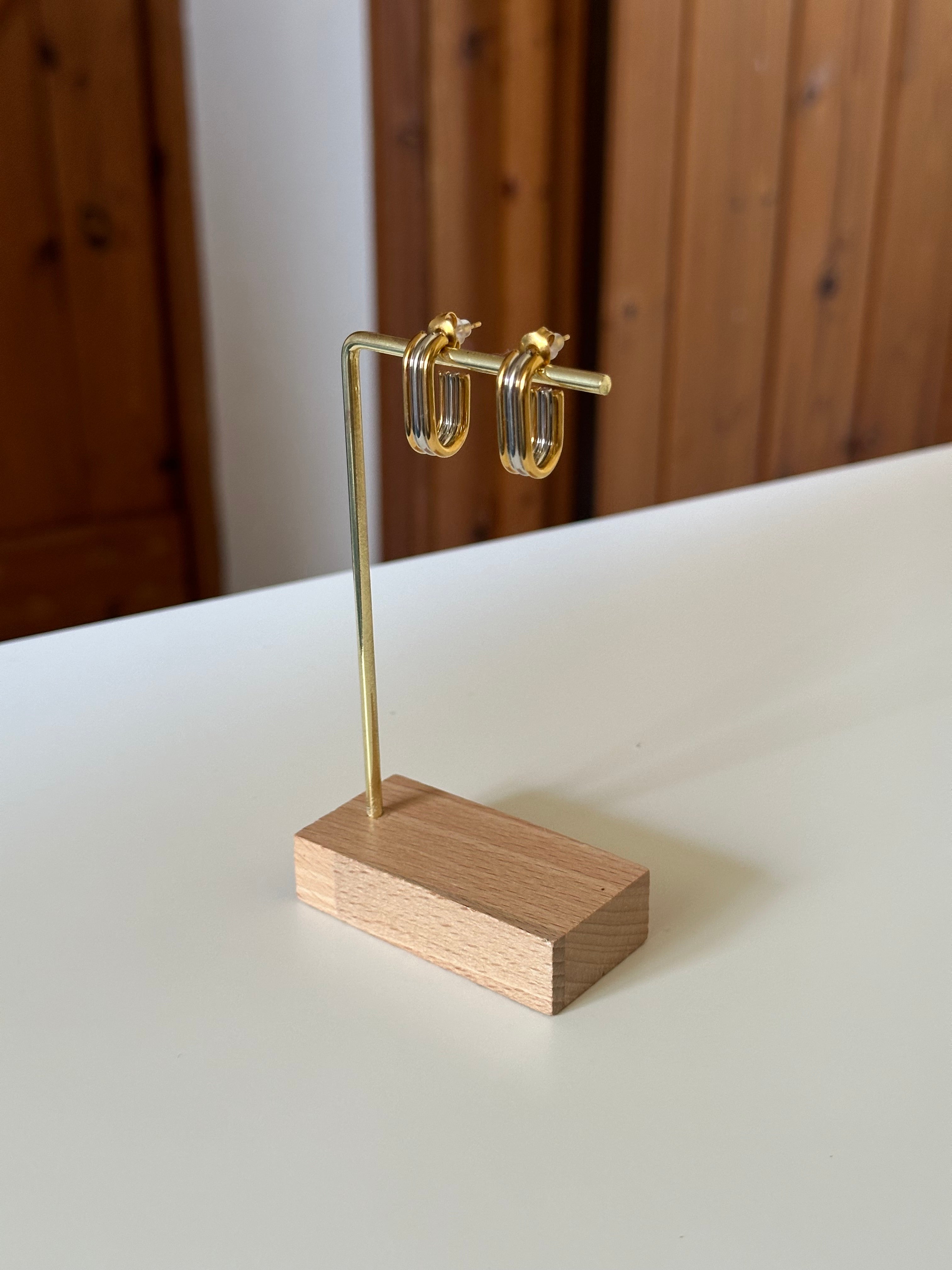 Triple Layer Stacked Two Tone Silver & Gold Dangle Minimalist Earrings