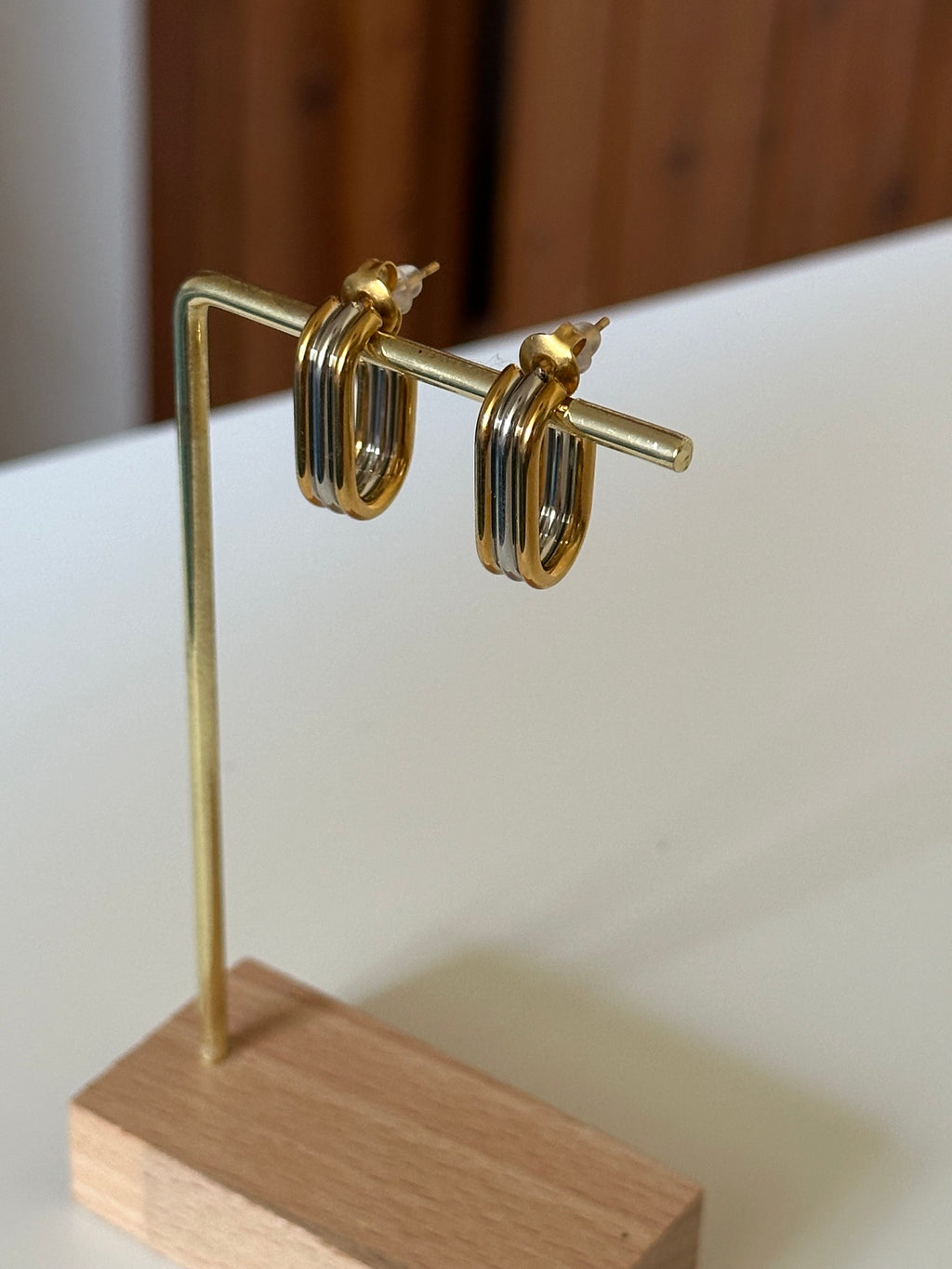 Triple Layer Stacked Two Tone Silver & Gold Dangle Minimalist Earrings