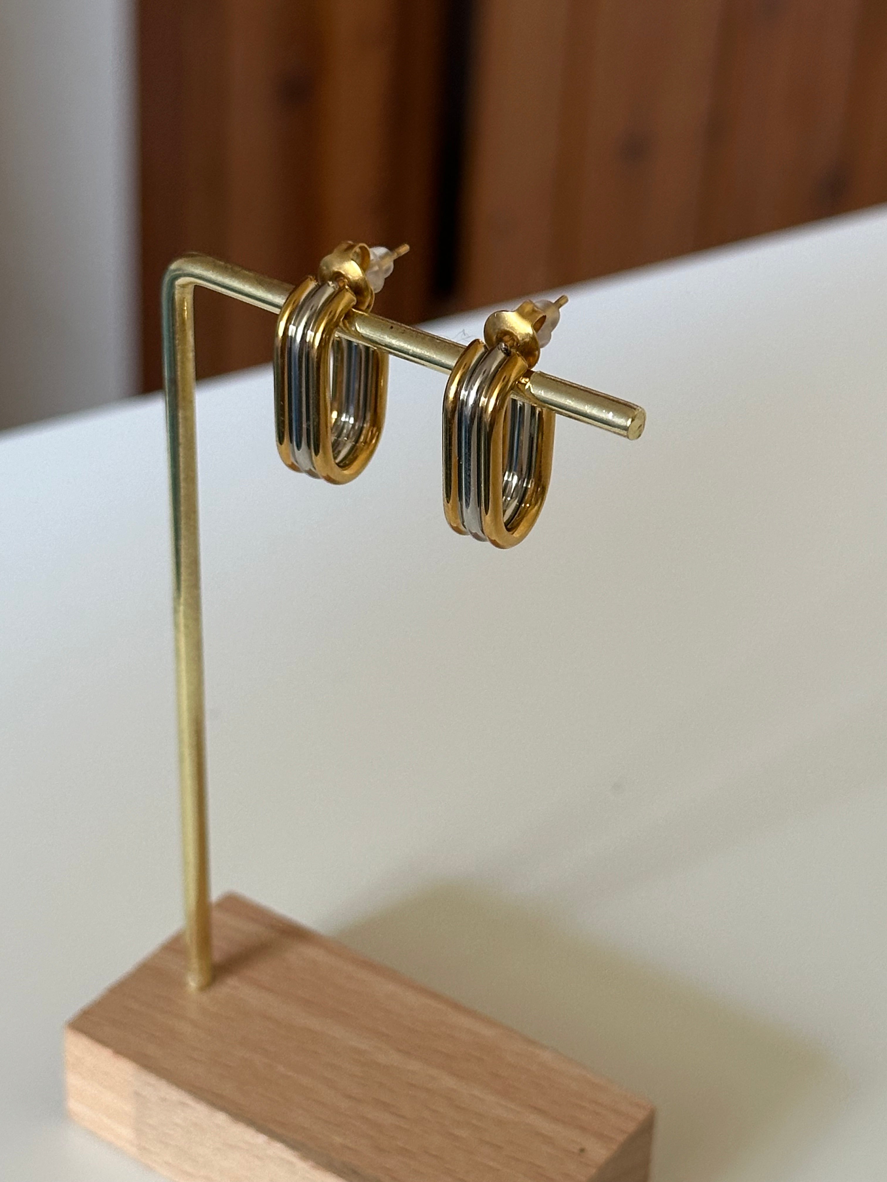 Triple Layer Stacked Two Tone Silver & Gold Dangle Minimalist Earrings