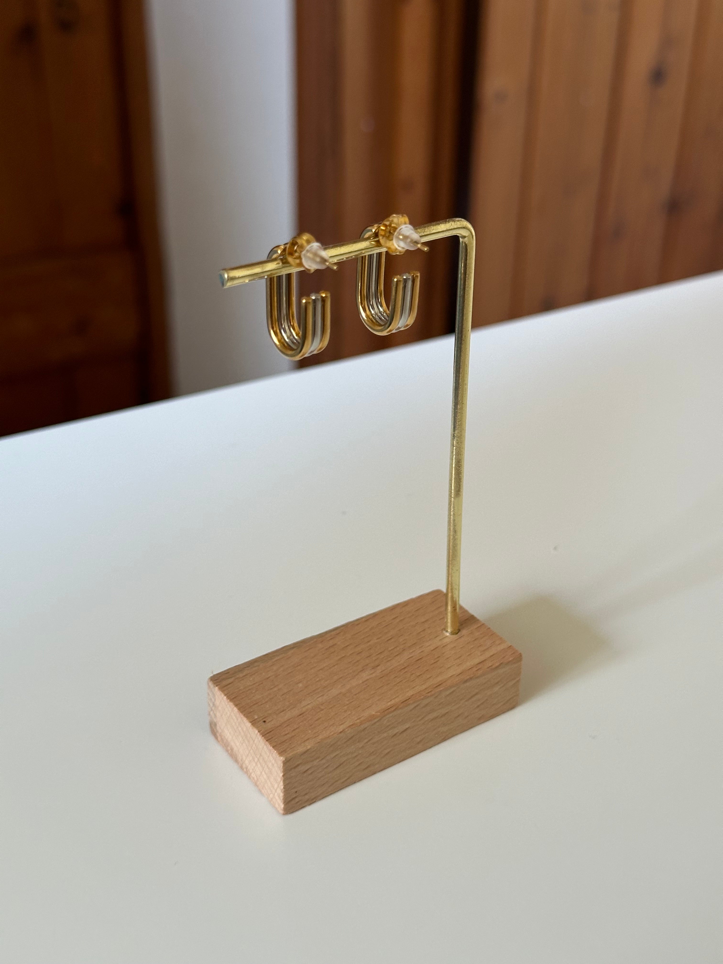 Triple Layer Stacked Two Tone Silver & Gold Dangle Minimalist Earrings