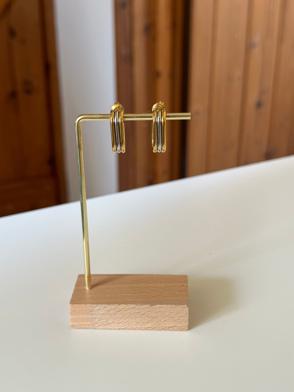 Triple Layer Stacked Two Tone Silver & Gold Dangle Minimalist Earrings