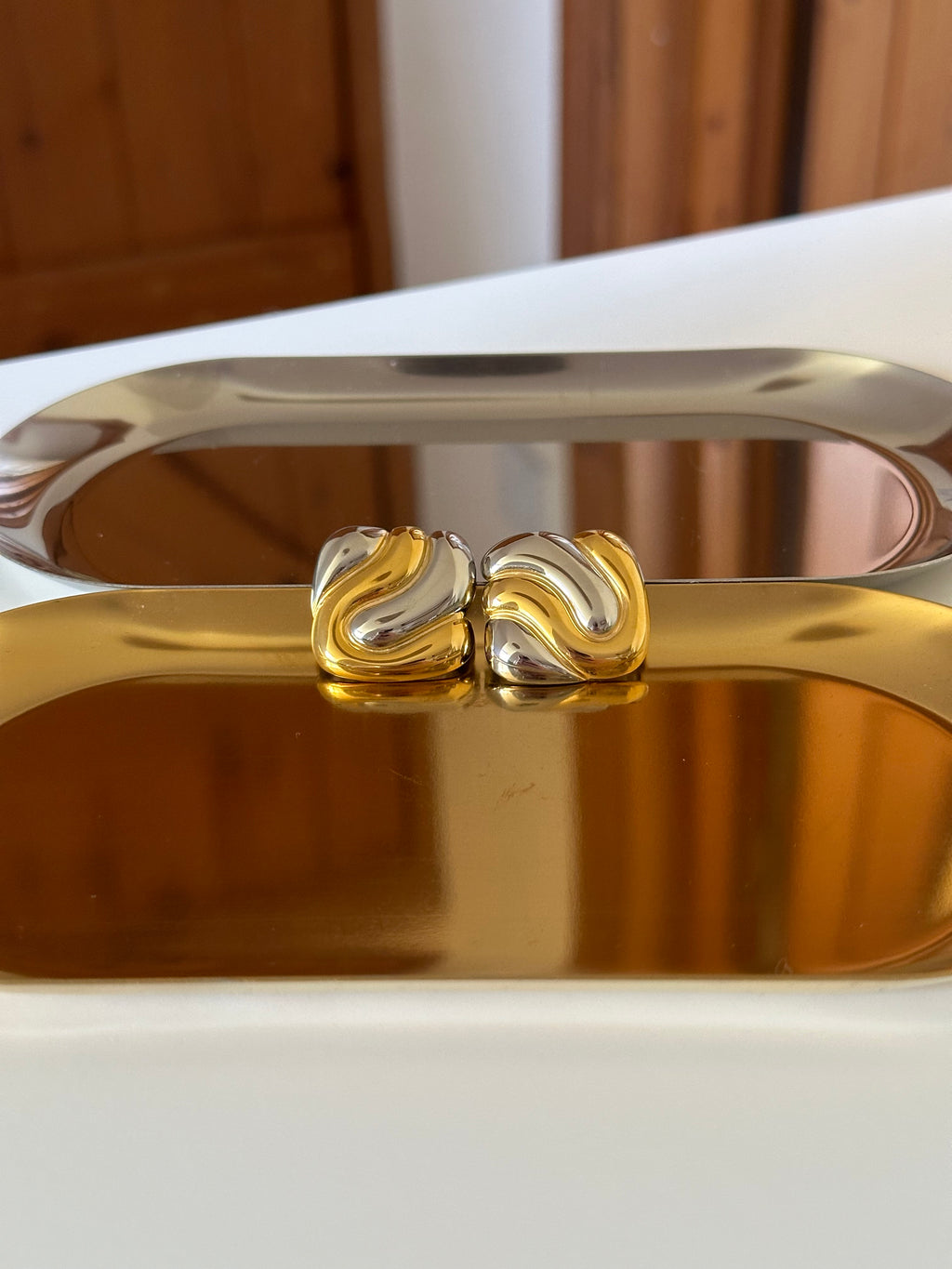 Two Tone Silver & Gold Plated Swirl Square Stud Earrings