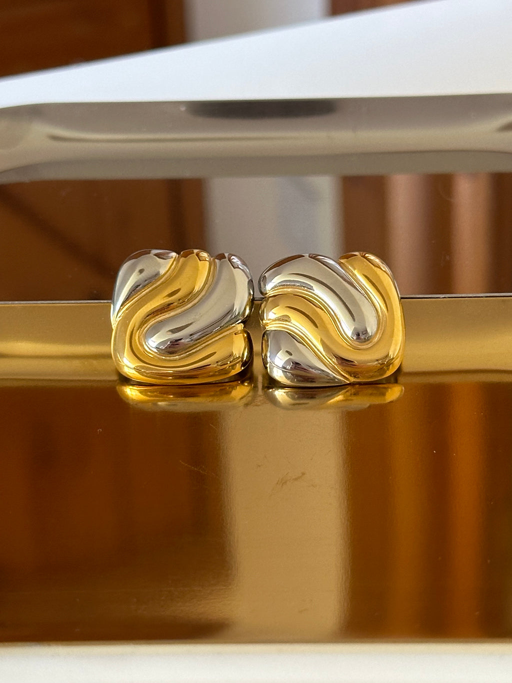 Two Tone Silver & Gold Plated Swirl Square Stud Earrings
