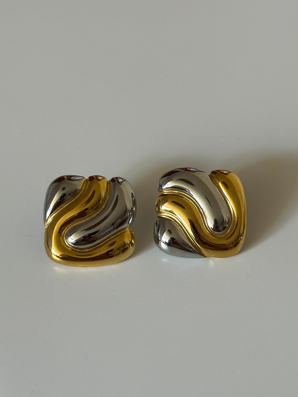 Two Tone Silver & Gold Plated Swirl Square Stud Earrings