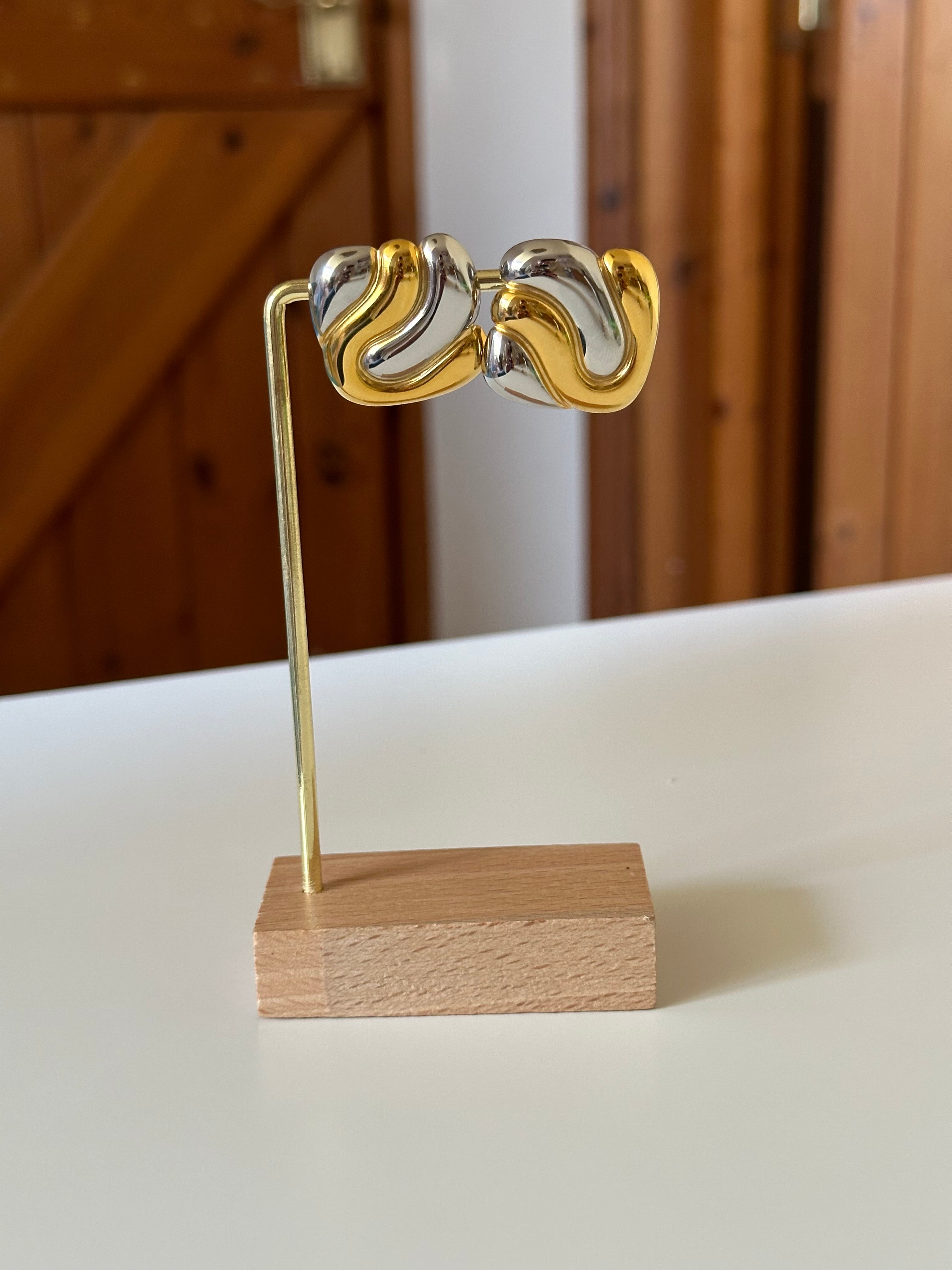 Two Tone Silver & Gold Plated Swirl Square Stud Earrings